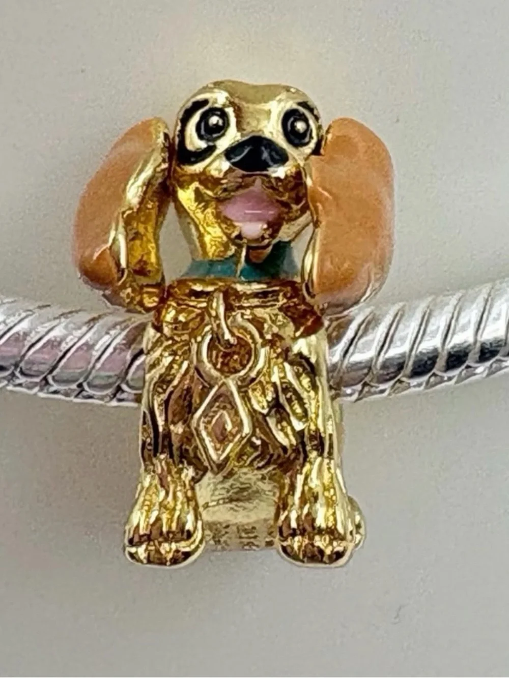 Gold-tone Enamel Dog Charm Pendant in Brown and Teal